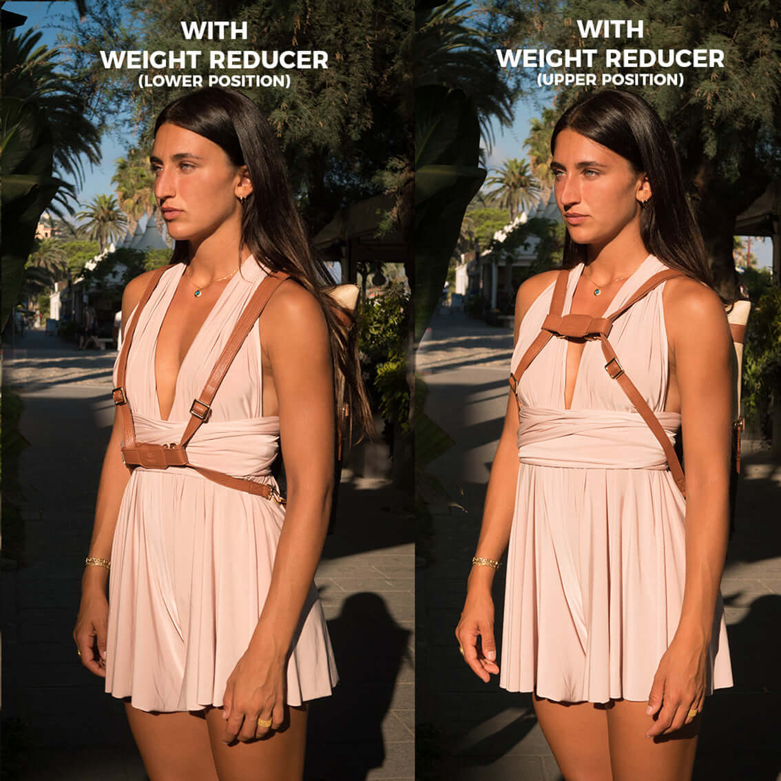 Two girls wear the convertible backpack with the weight reducer in different positions