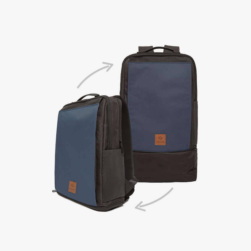 Blue Urban backpack in its compact and expanded versions