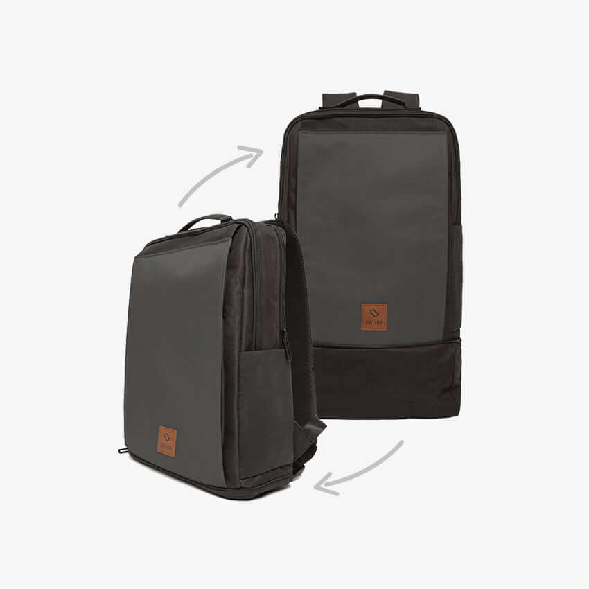 Gray commuter backpack in compact and expanded versions