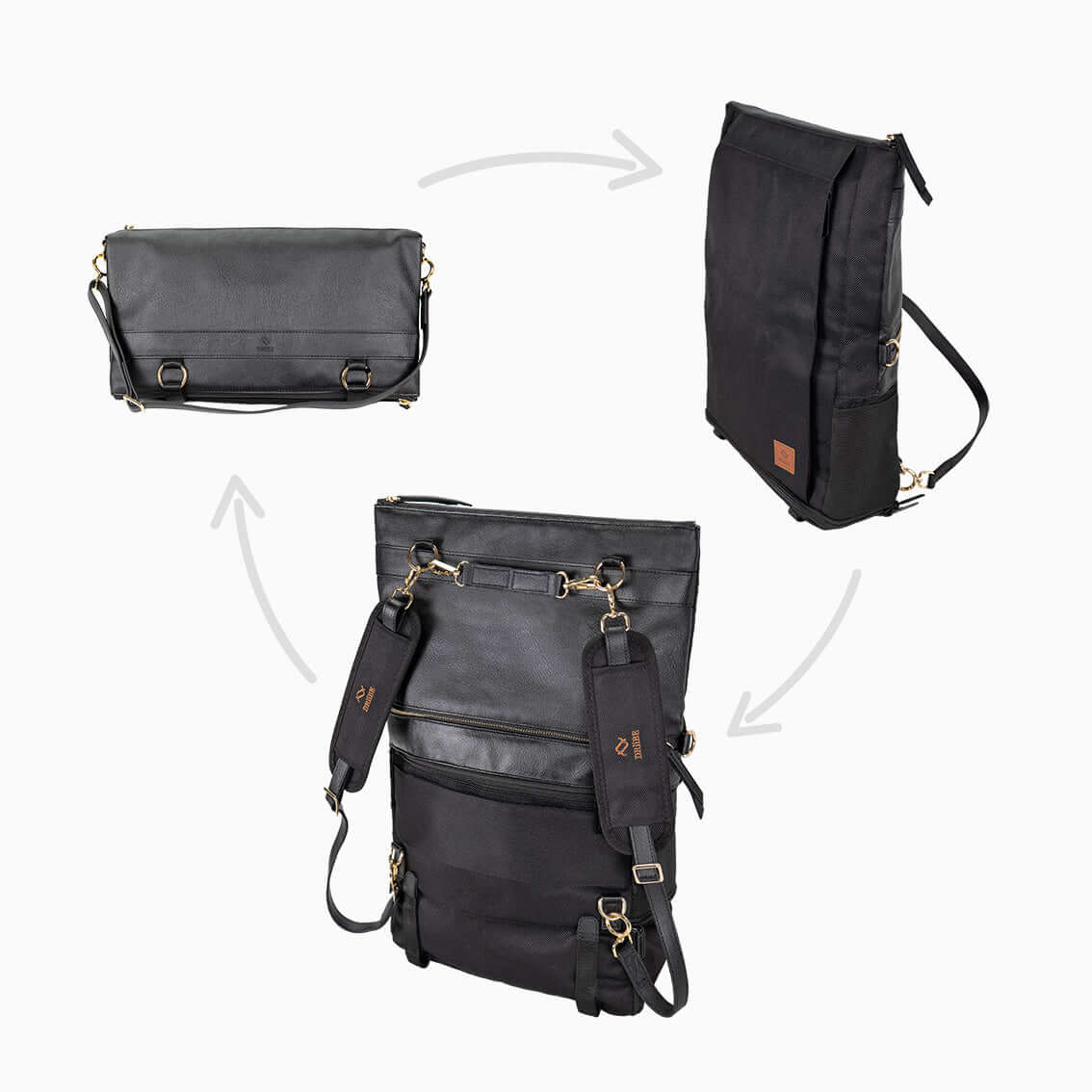 The handbag, daypack and backpack versions of the DAKOTA black convertible backpack handbag