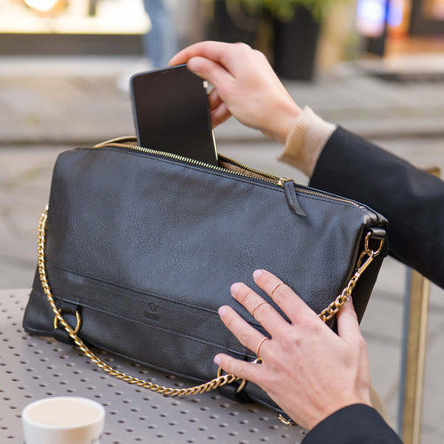 Woman takes out a smartphone from the black convertible handbag