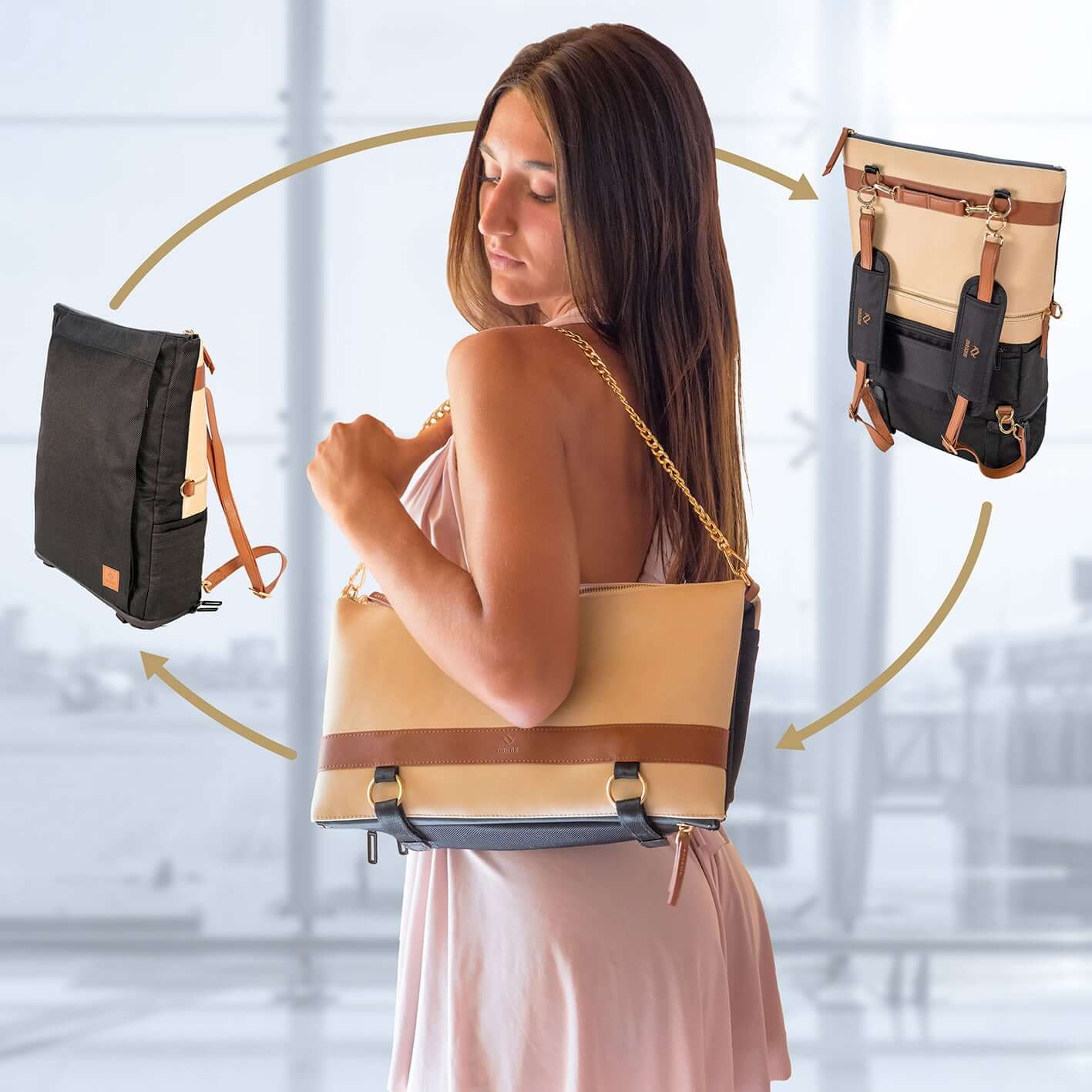 Woman with convertible bag in the airport