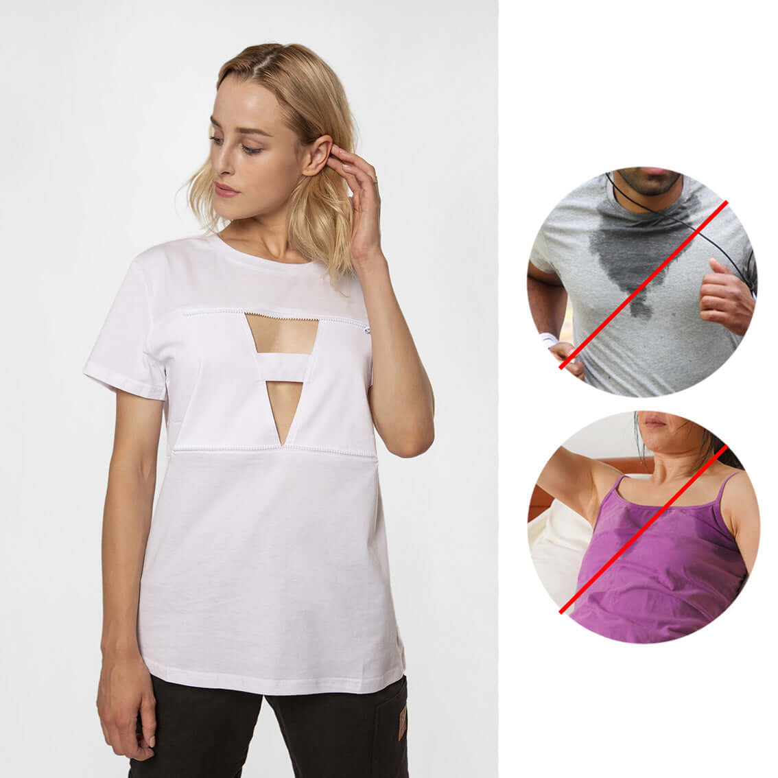 The girl is wearing a white MULTI shirt with an opening on the chest area